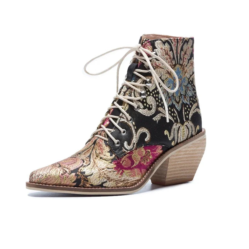 Blue Embroidered Flower Chinese Style Ankle Boots For Women