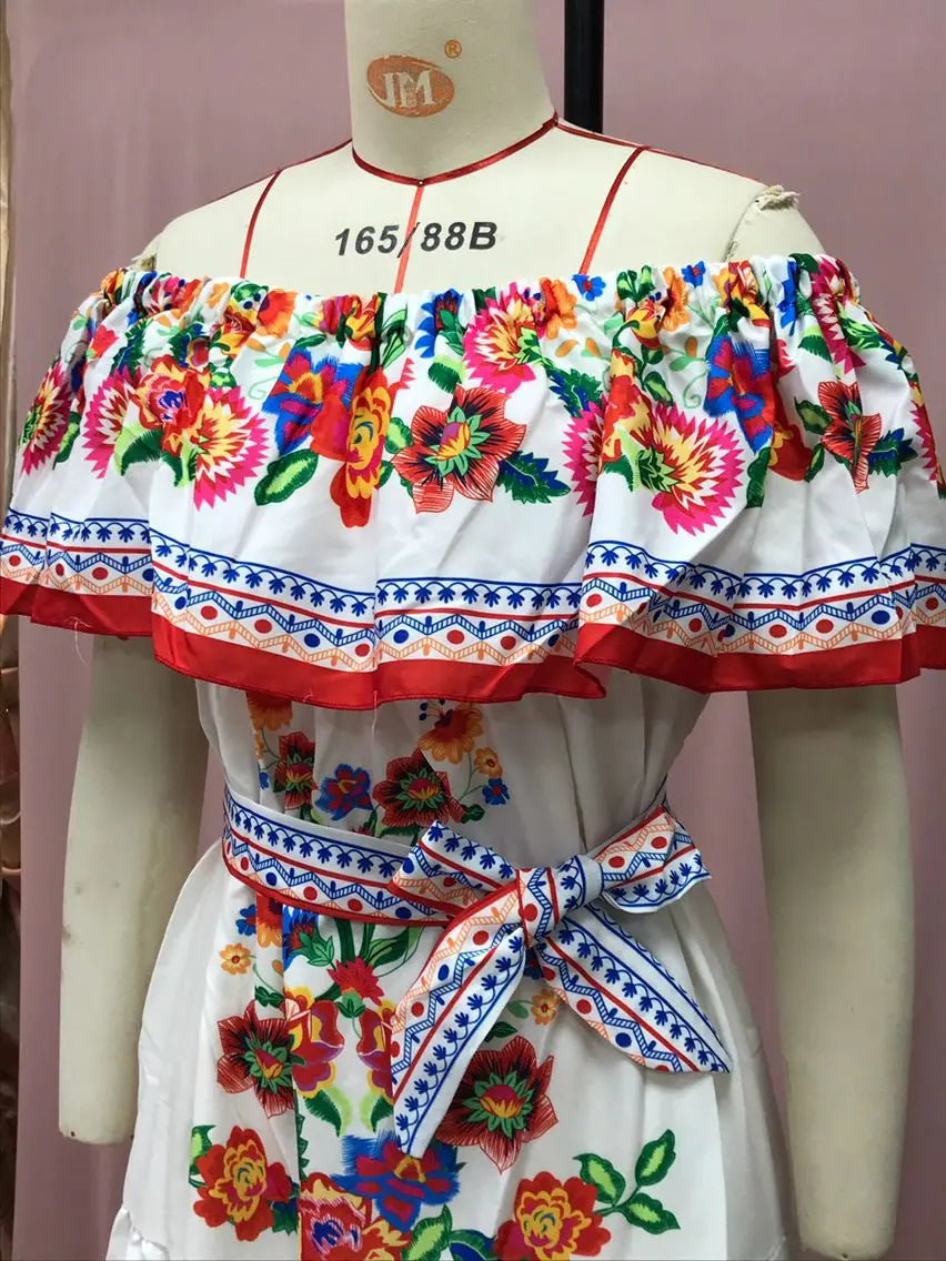 Floral Print Off Shoulder High Waist Dress for Women