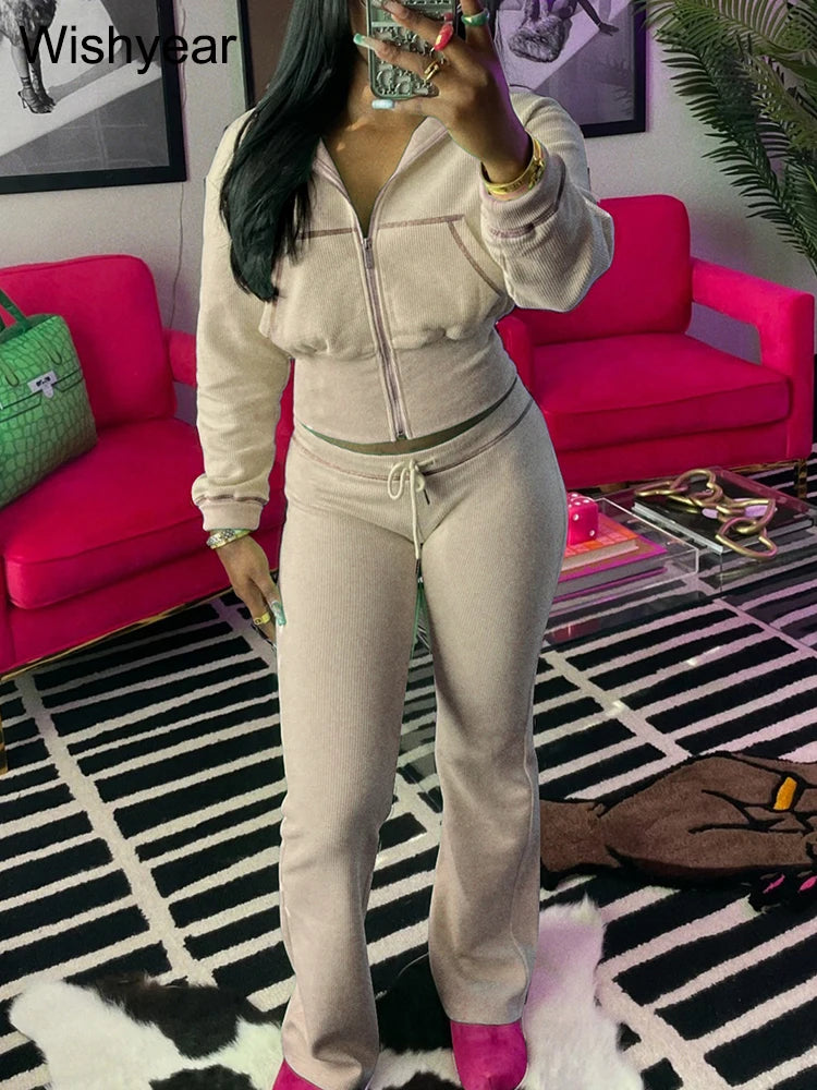 Waffle Knit Two Piece Flared Pants Tracksuit Set for Women