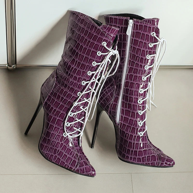 Alligator Pattern Lace Up Stiletto Ankle Boots for Women