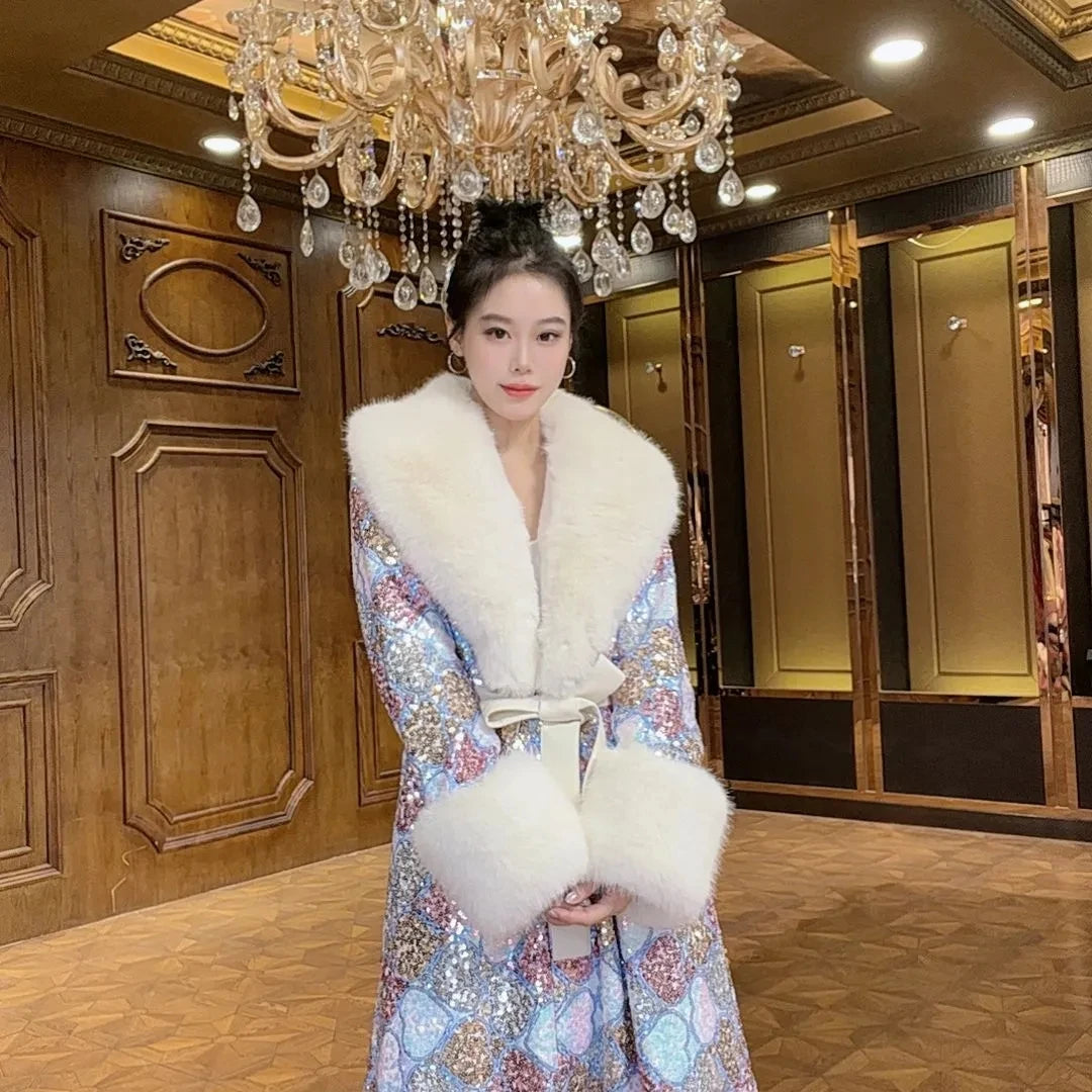Faux Fur Coat for Women,Adjustable Waist Long Jacket,V-Neck Outwear,Sequins,Spliced,Luxury,Autumn and Winter