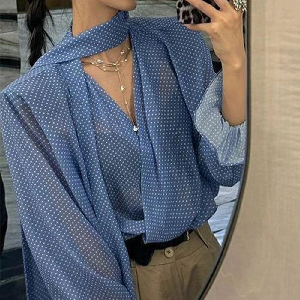 Long Sleeve Blue Polka Dot V Neck Chiffon Sun Protection Shirt for Women