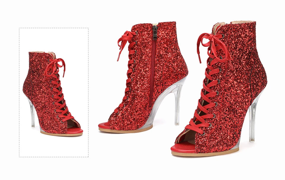 Lace-Up Crystal Heel Ballroom Dance Boots for Women