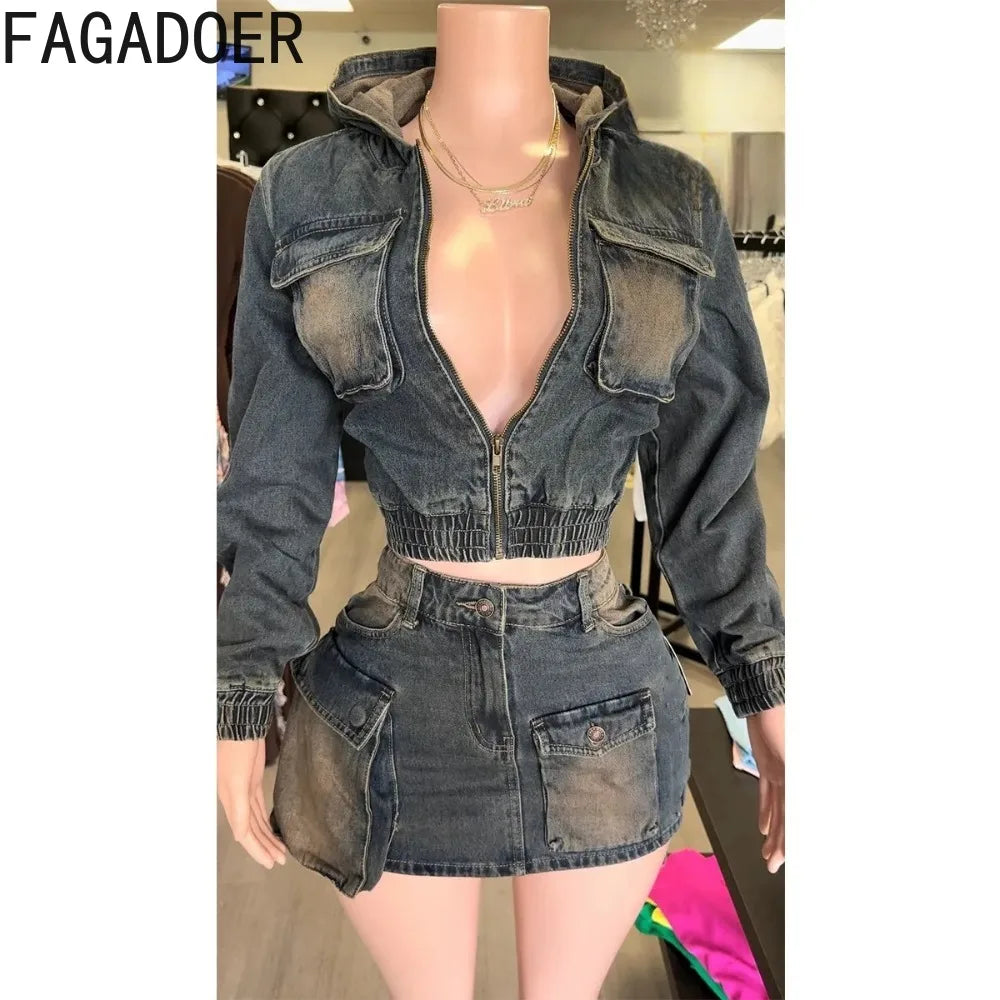 Retro Denim Patchwork Cargo Two Piece Set for Women