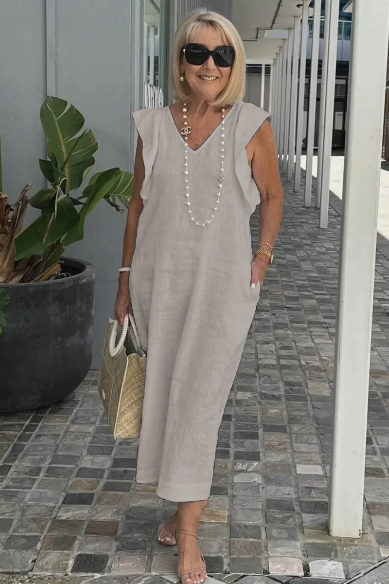 Back Tie Flutter Sleeve Ankle Length Linen Dress for Women