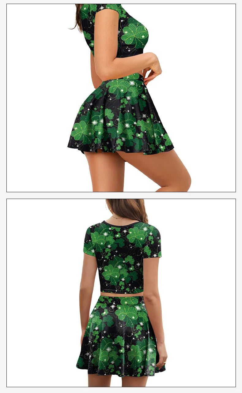 Festive Irish Green Shamrock Plaid Knit Skirt Set for Women