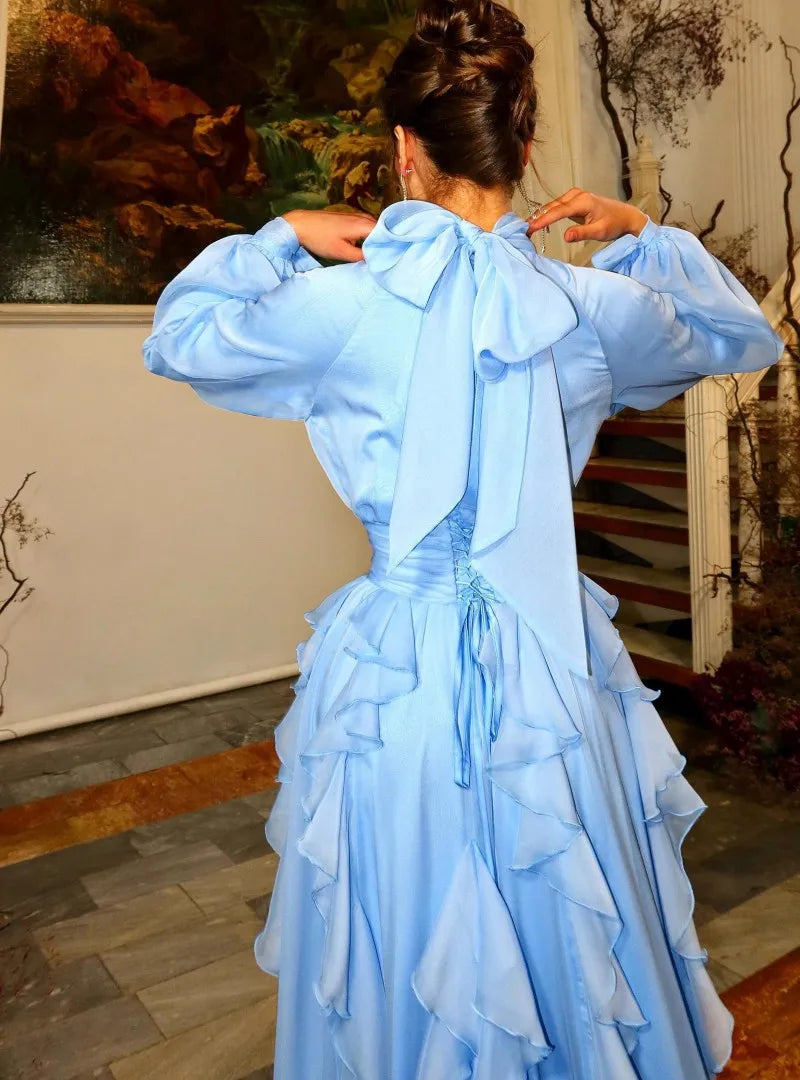 Light Blue Solid Color Long Lantern Sleeve Floor Length Dress for Women