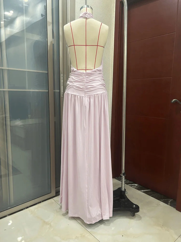 Halter Neck Elegant Long Backless Slit Dress for Women