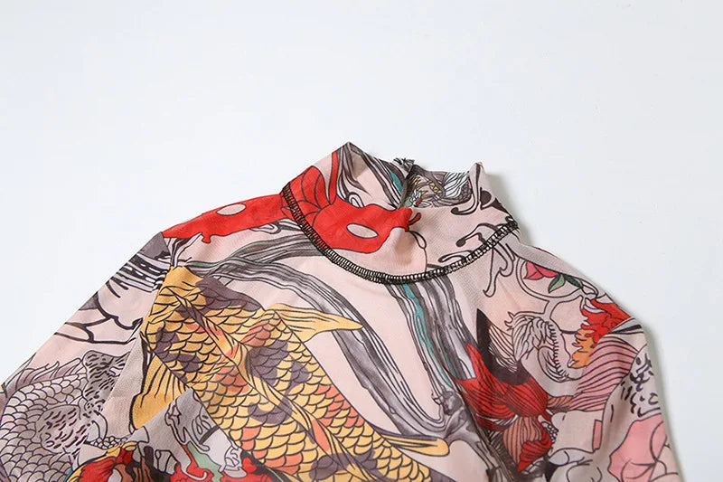Joskaa Colorful Print Mesh Backless Jumpsuit Women Sexy See Through Full Sleeve Skinny Overalls 2025 Coquette Midnight Clubwear