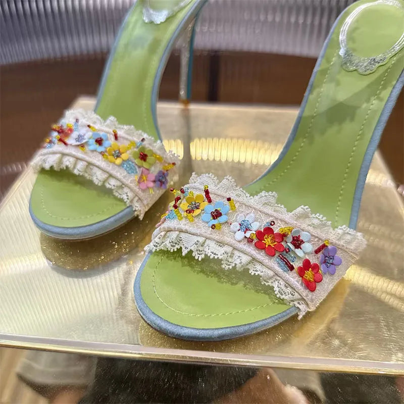 Elegant Floral Lace Strappy Stiletto Sandals for Women
