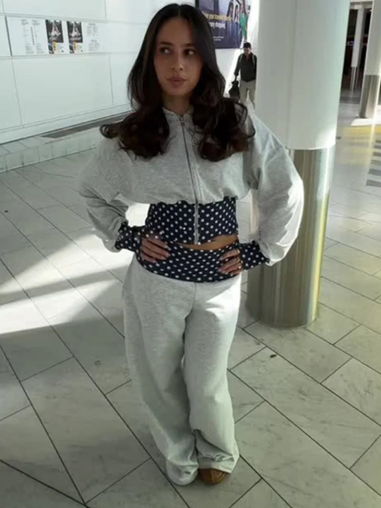 Polka Dot Hooded Zipper Crop Top And Wide Leg Pants For Women