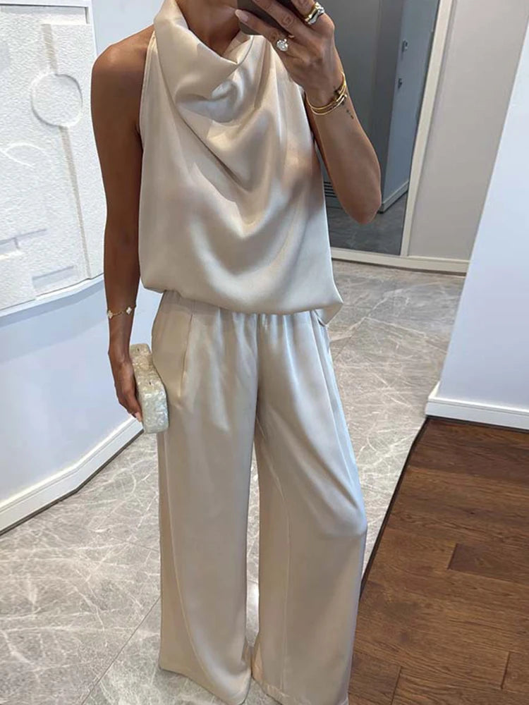Pile Collar Sleeveless Top Wide Leg Pants 2CPS Sets, Women Summer Loose Elastic Waist Chic Outfit, Solid Patchwork Ladies Suits