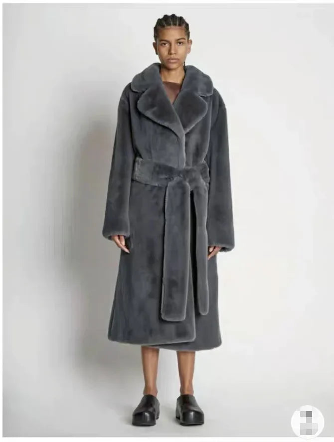 Long Belted Faux Fur Winter Coat