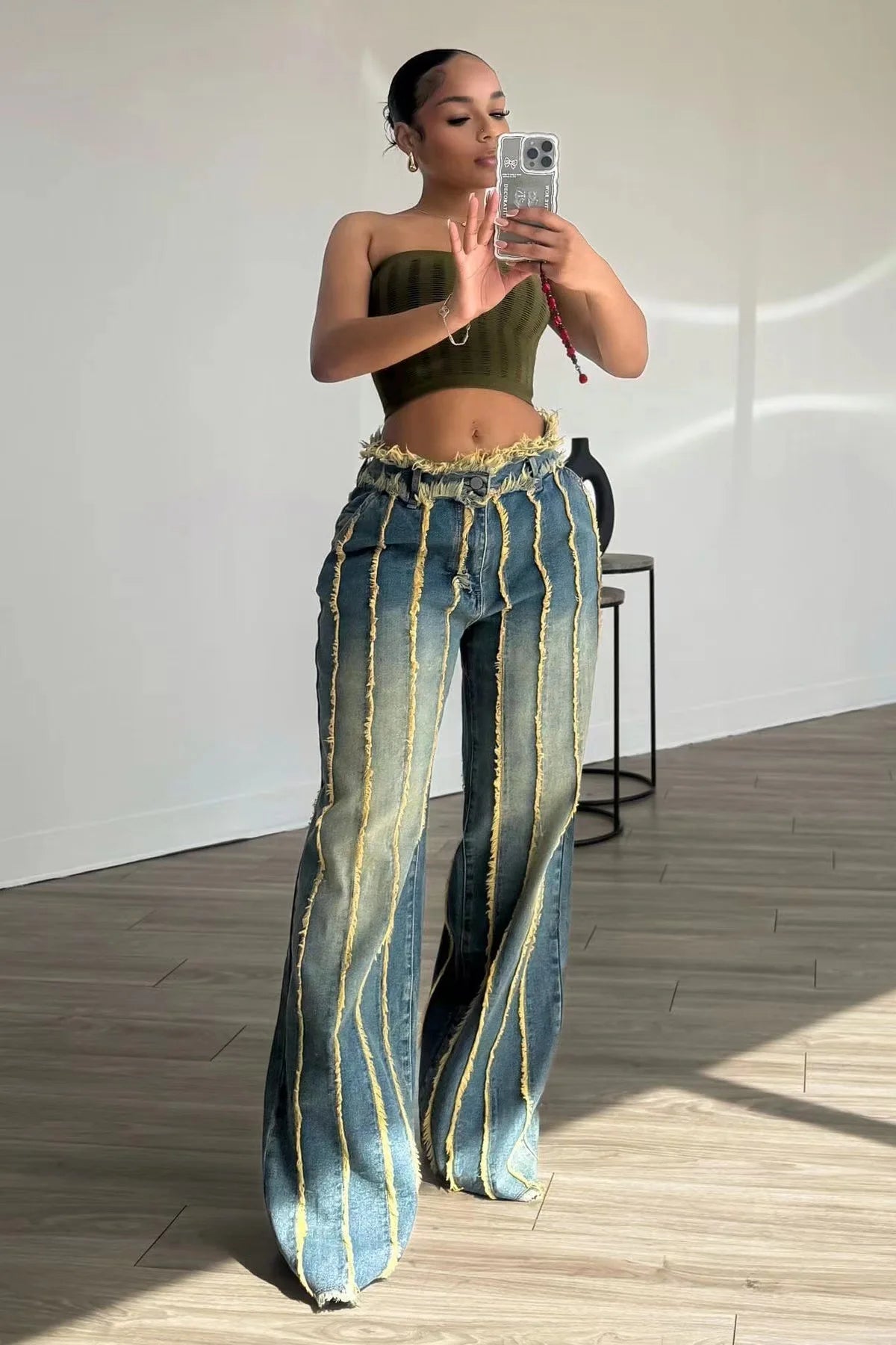 High Waist Tie Dye Slight Stretch Wide Leg Jeans For Women