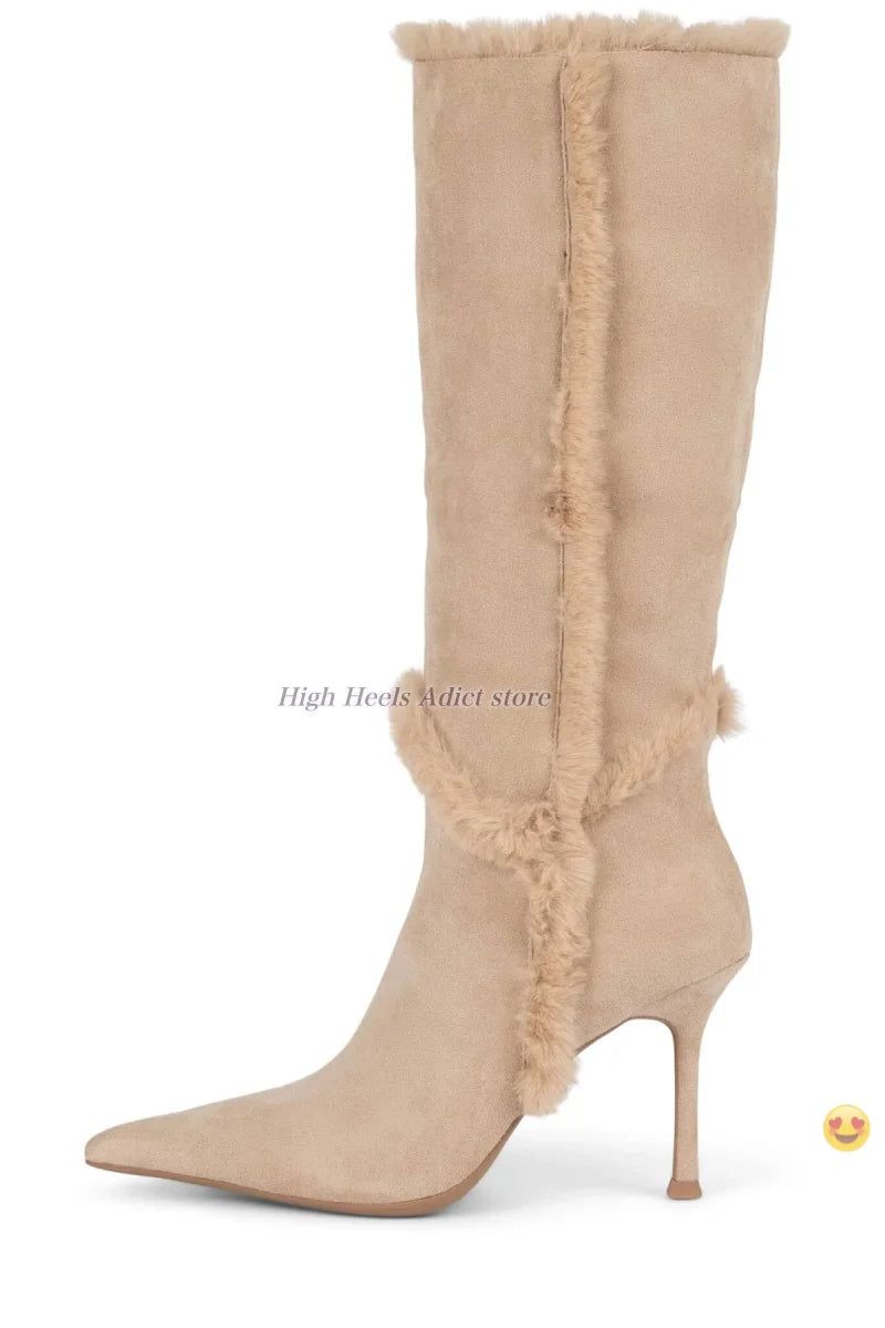 Pointy Toe Suede Fur Lined Slip On High Heel Ankle Boots For Women