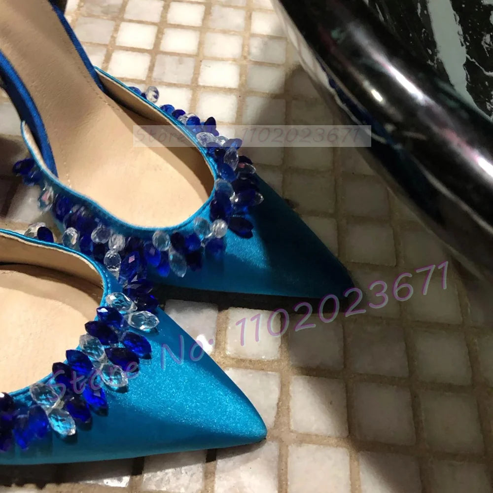 Elegant Blue Crystal Trim Satin Pointy Toe Heels For Women