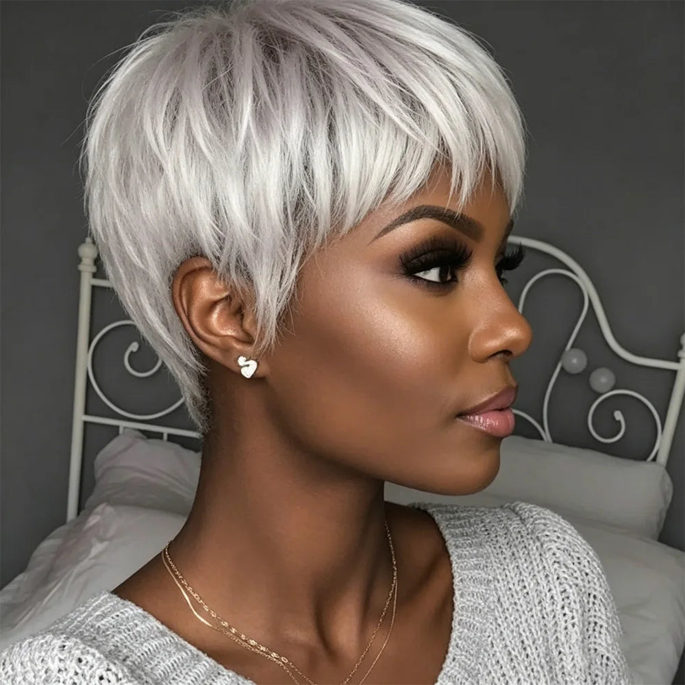 Silver Gray Textured Pixie Human Hair Wig for Women