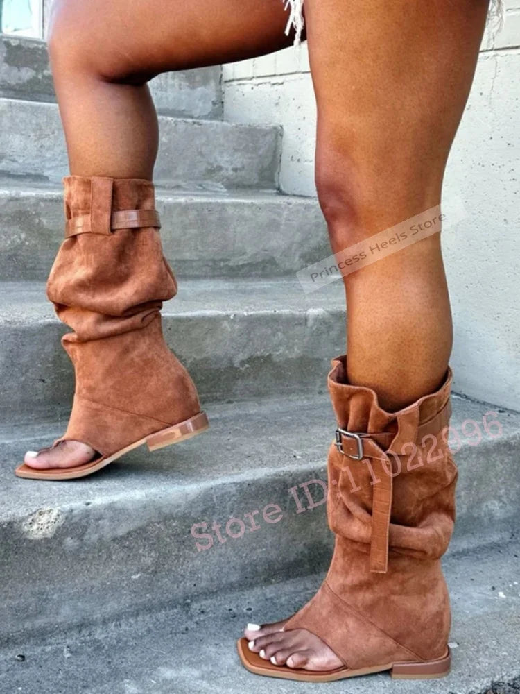 Flat Slip On Suede Straps Open Toe Mid Calf Boots for Women
