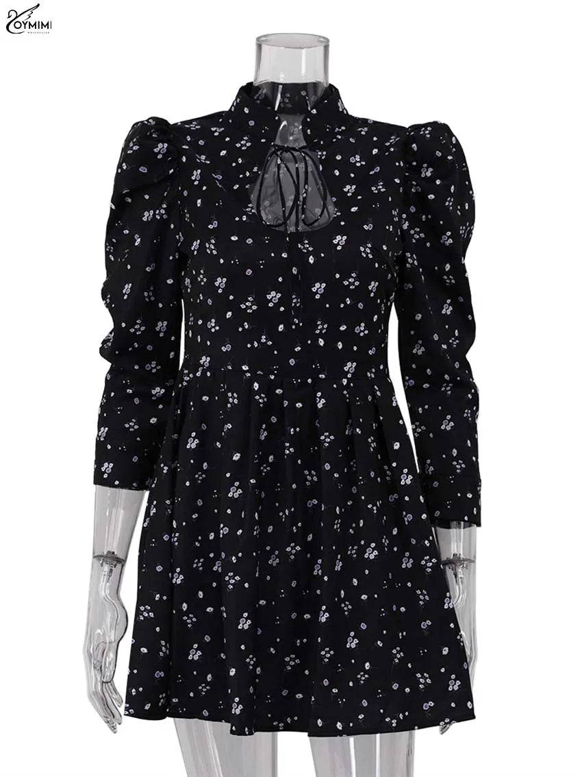 Oymimi Elegant Black White Womens Dresses Fashion Three Quarter Sleeve Hollow Out Dresses Casual High Waisted Mini Dress Female