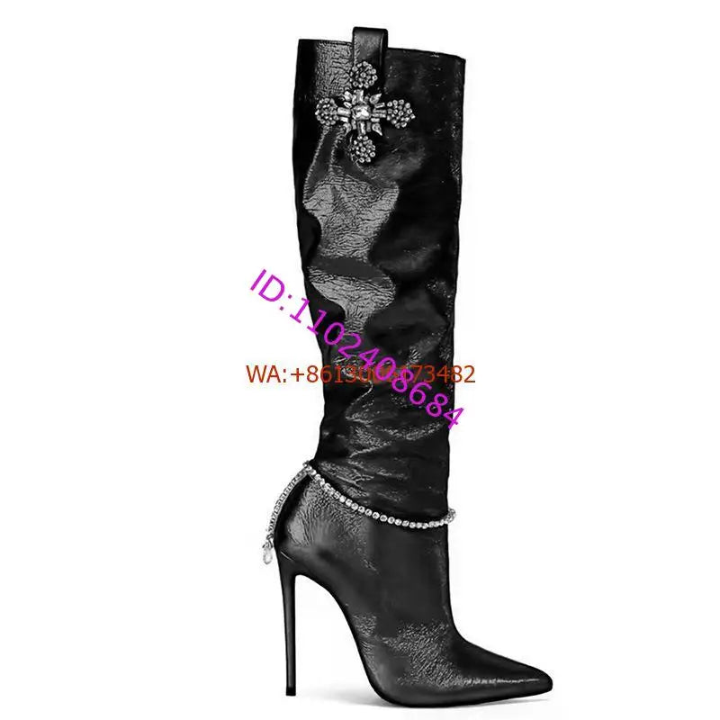 Bright Shining Women Deign Pointed Toe High Heel Knee Boots Crystal Beading High Heel Women Pointy Knee High Boots Plus Size