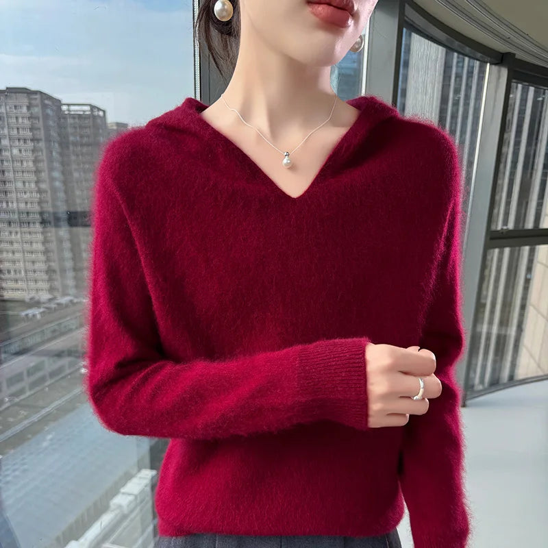 Loose Fit Thick Knit Hooded V-Neck Sweater for Women