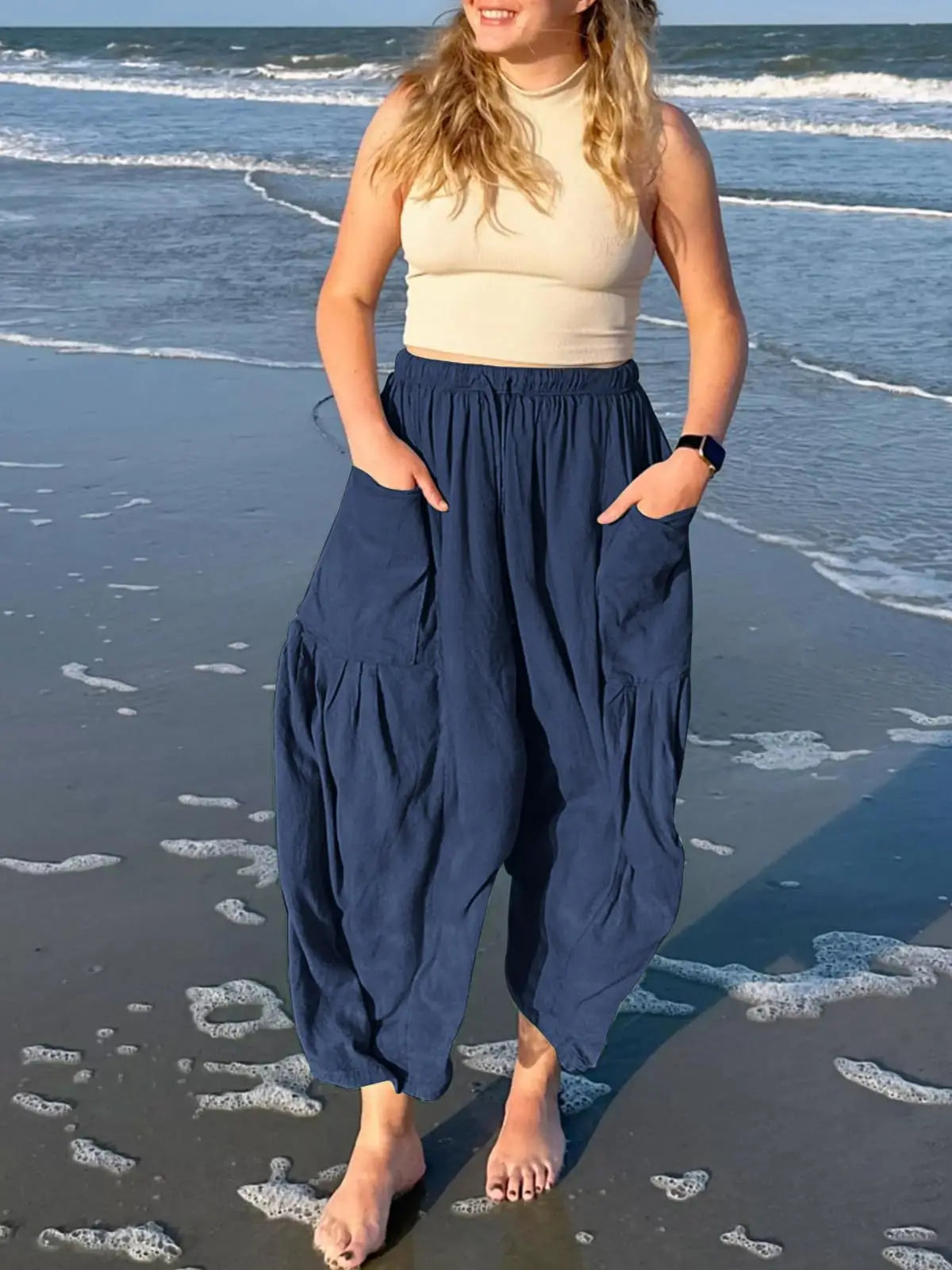 Loose Wide Leg Pants Women's Clothing Elastic Waist Pleated High Waist Casual Cotton Linen Solid Color Trousers Pants