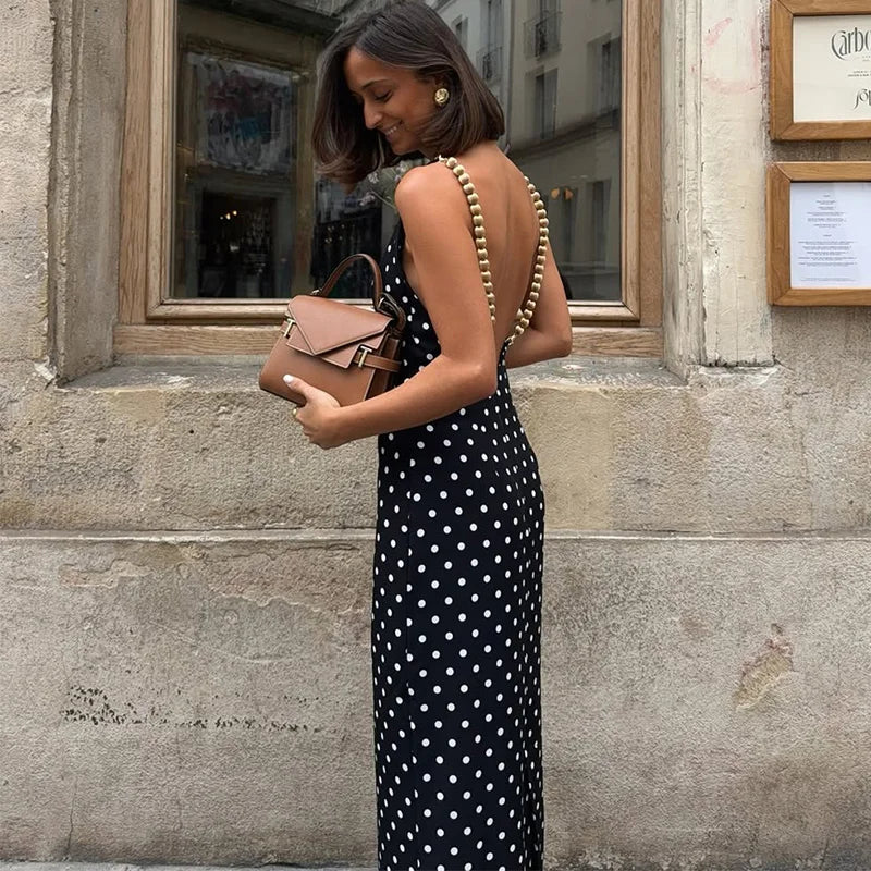 Black Beaded Backless Square Neck Sleeveless Summer Dress For Women