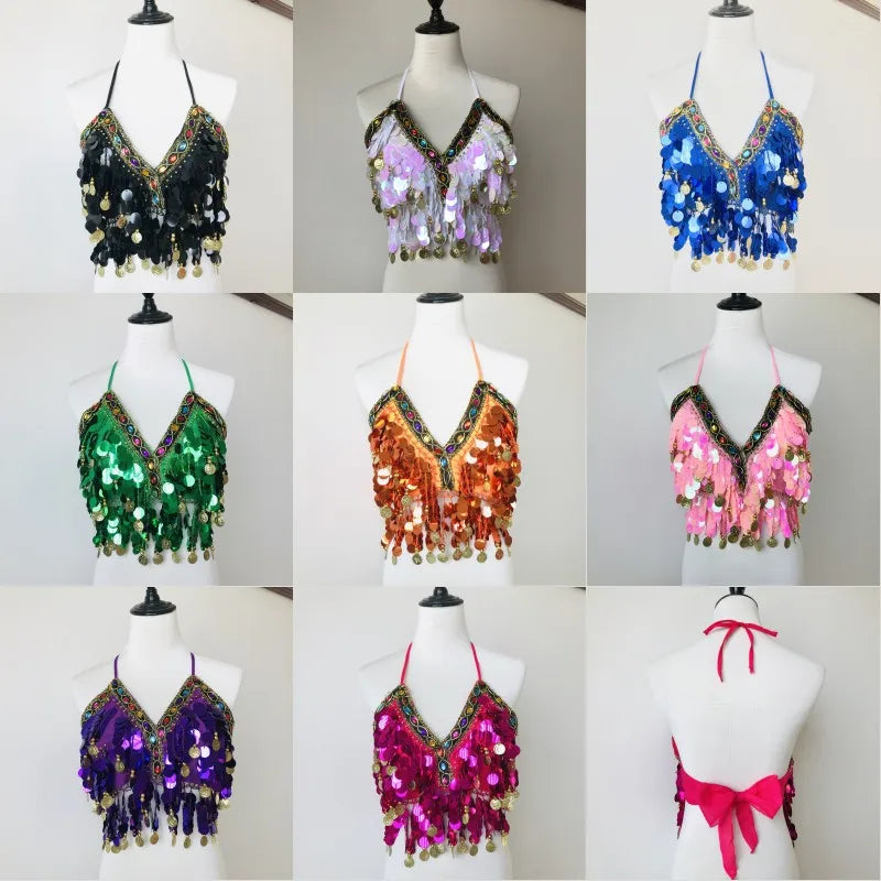 Shiny Colored Sequin Diamond Halter Crop Top for Women