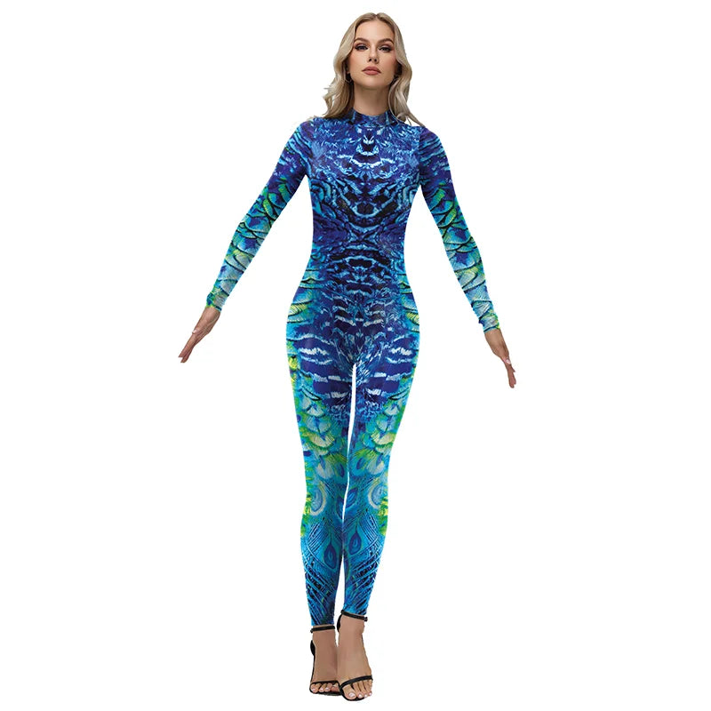 Peacock Feather Print Long Sleeve Elastic Jumpsuit for Women