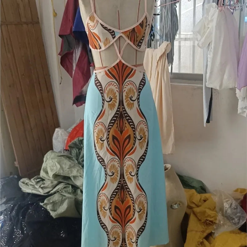 Elegant Deep V-neck Slim Bohemian Dress Women Casual Sleeveless High Waist Long Dress Fashion Pattern Printed Slim Party Dresses
