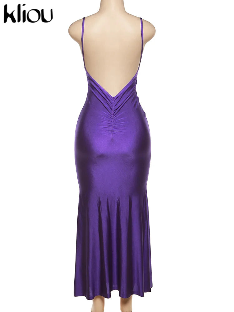Shiny Spaghetti Strap Backless Ruched Maxi Dress for Women