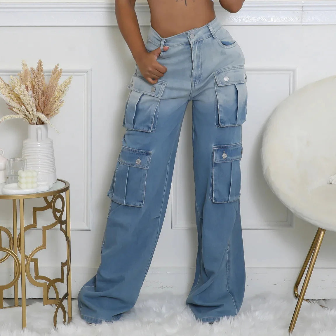 FAGADOER Fashion Gradient Denim Wide Leg Pants Women Summer New Cargo Pocket Patchwork Pants Female Streetwear Bottoms 2025