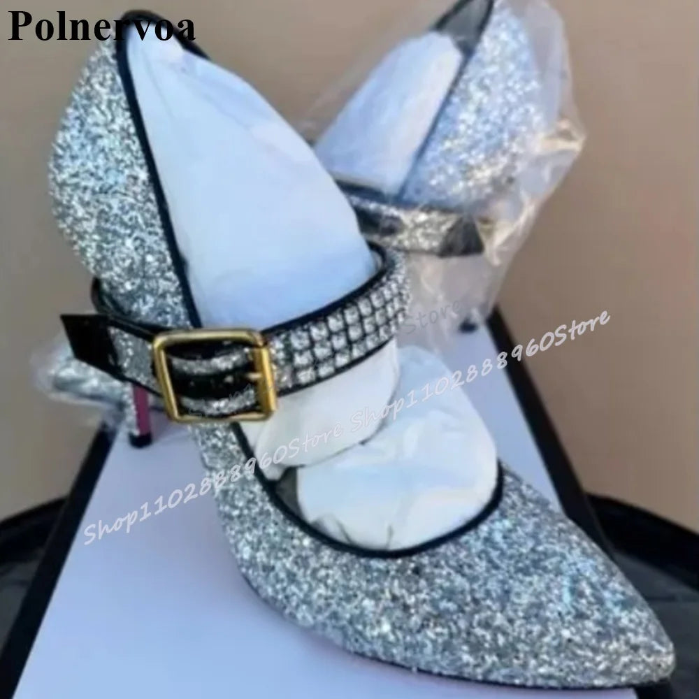 Silver Glitter Shallow Pointy Crystal Strip Pumps Thin High Heel Shoes For Women Buckle Strap Pointed Toe Casual Banquet Pumps