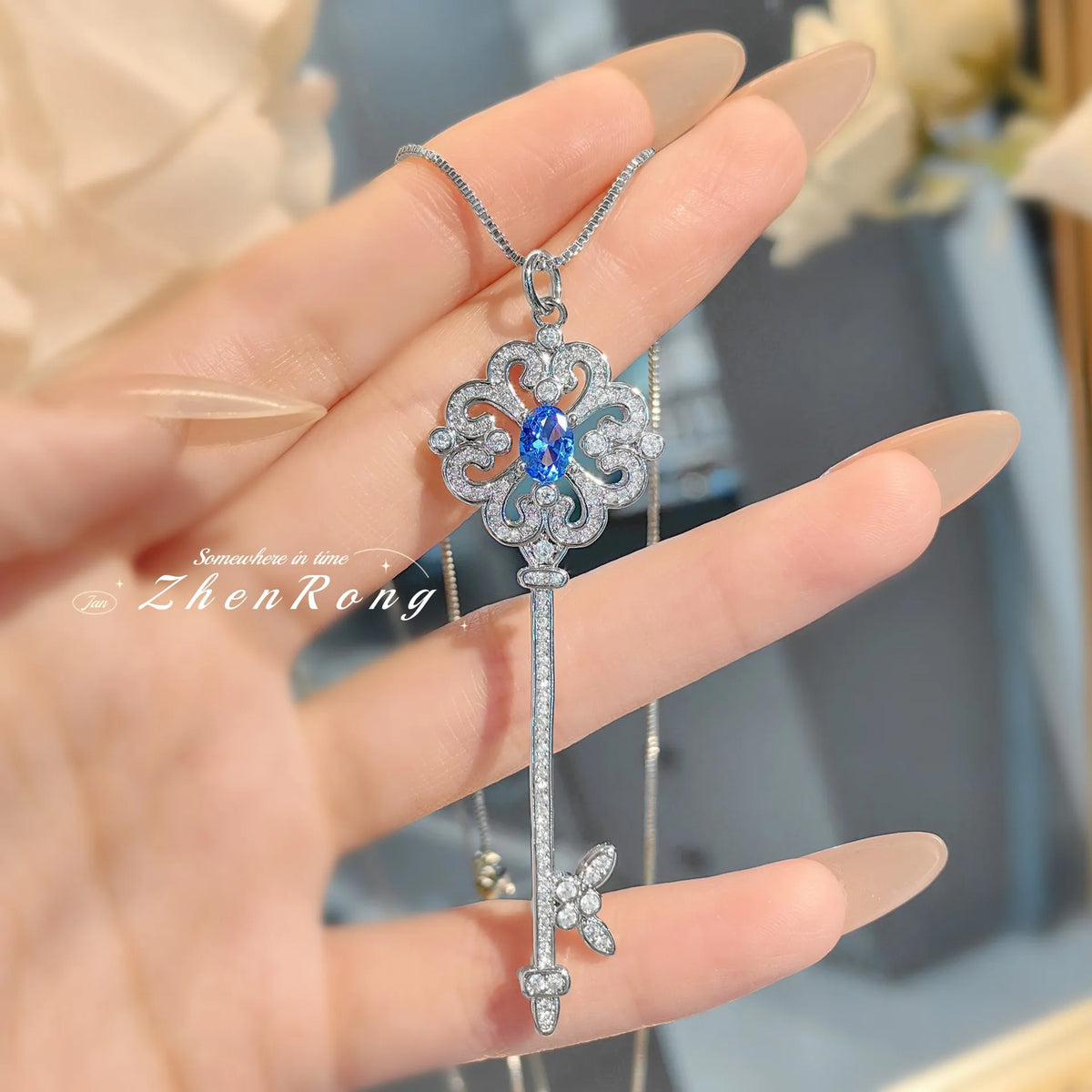 Silver Tone Key Shape Zirconia Pendant Necklace for Women