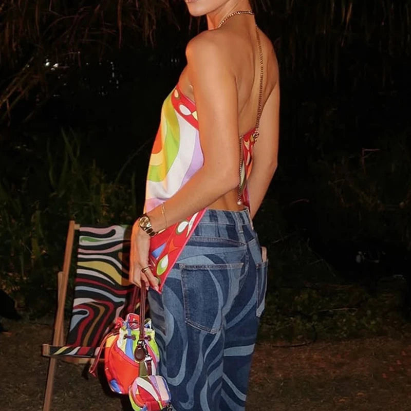 New 2025 Vacation Hollow Sleeveless Bohemian Shirt Chain Halter Pleated Club T-shirts Satin Print Slim Fit Women's Top Blouses