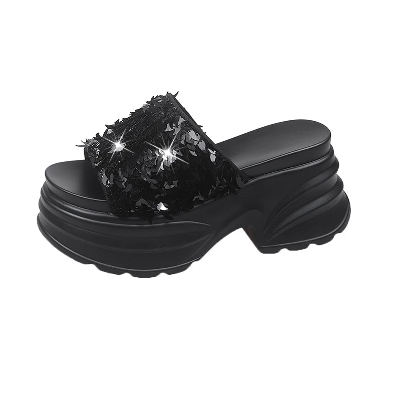 Metallic Sequined Platform Wedge Sandals for Women