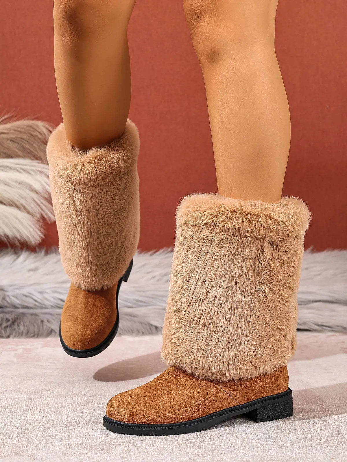 Plush Faux Fur Slip On Mid Calf Winter Snow Boots For Women