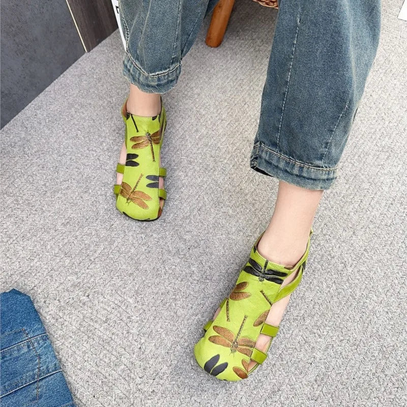 Flat Printed Genuine Leather Roman Sandals for Women