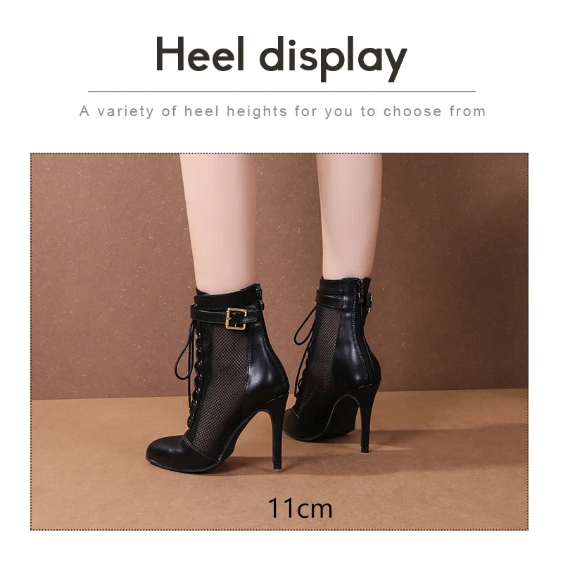 Black Mesh Latin Dance Booties With High Heels for Women