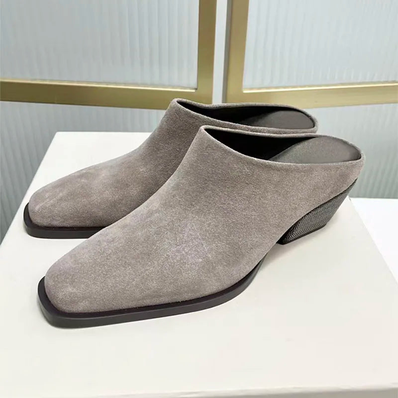 Square Heel Suede Mules With Bead Accents For Women