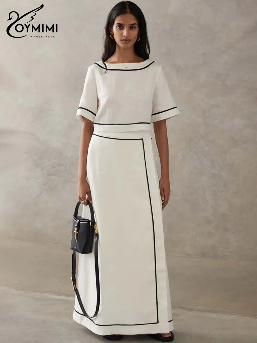 Oymimi Fashion White Cotton Two Piece Outfits Woman Elegant O-Neck Patchwork Short Sleeve Open Back Tops And Straight Skirts Set