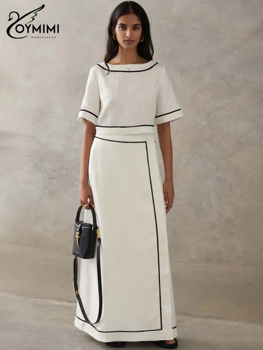 Oymimi Fashion White Cotton Two Piece Outfits Woman Elegant O-Neck Patchwork Short Sleeve Open Back Tops And Straight Skirts Set