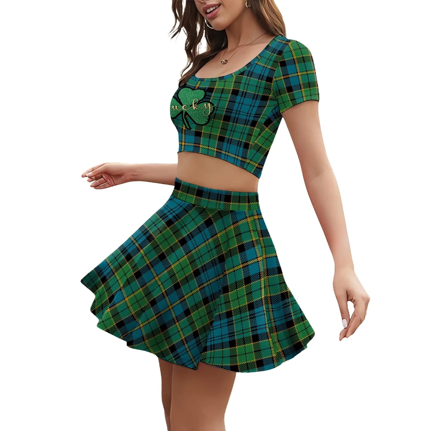 Festive Irish Green Shamrock Plaid Knit Skirt Set for Women