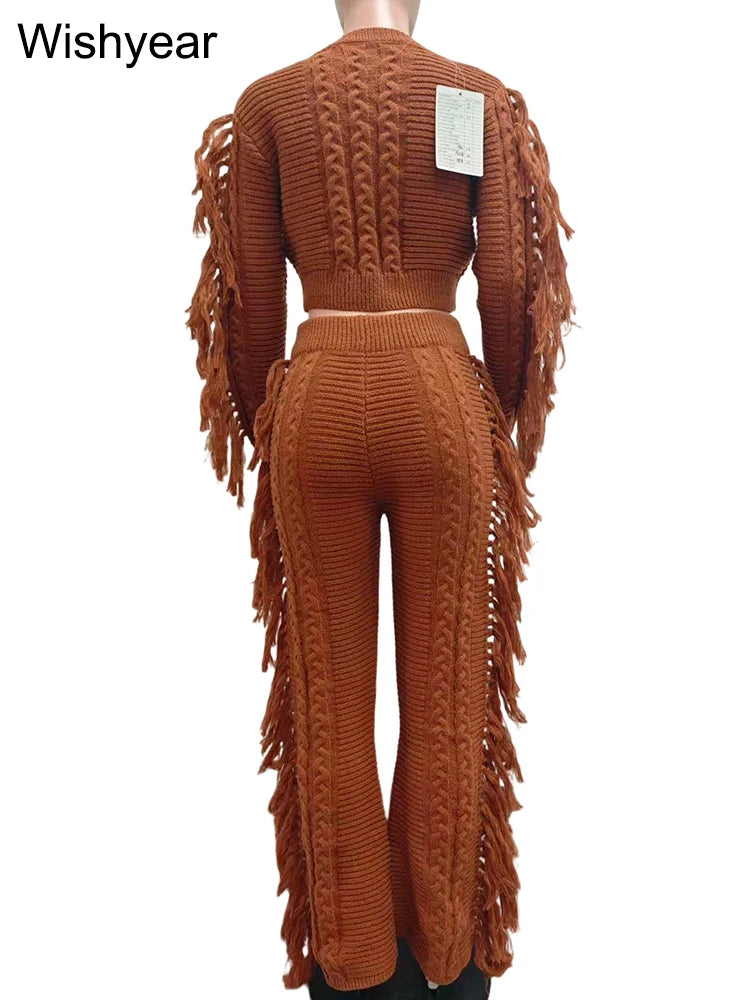 Casual Winter Warm Knitted Sweater Tassel 2 Piece Set  Women Long Sleeve Crop Top and Pants Streetwear outdoors vacation Outfits