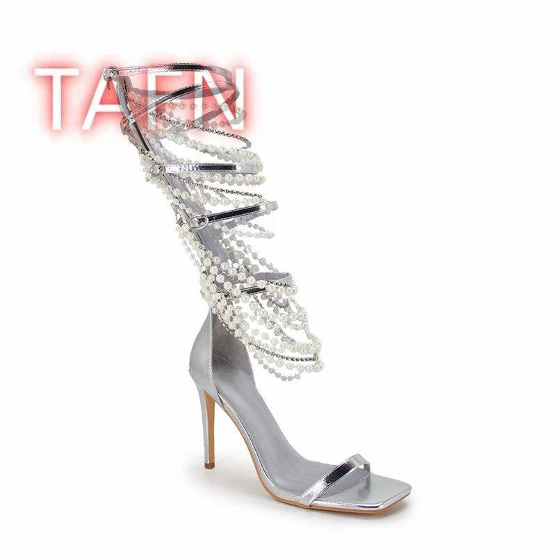 Gladiator Open Toe High Heel With Pearl Chains Sandals for Women