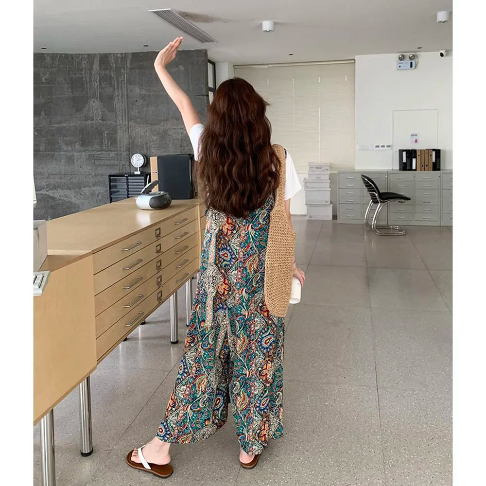 Vintage Bohemian Printed Wide Leg Casual Jumpsuit For Women