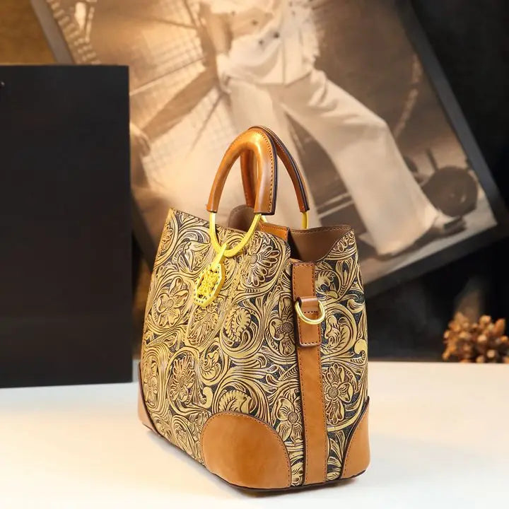 Retro Cowhine Carved Women Bag Handhold Bucket Leather Commuting Shoulder Underarm Crossbody Bags for Women