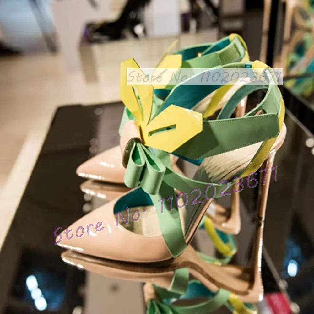 Multicolor Patent Leather Slingback Sandals Women Fashion Folding Bowknot Pointy Toe High Heels Sandals Party Chic Lovely Shoes
