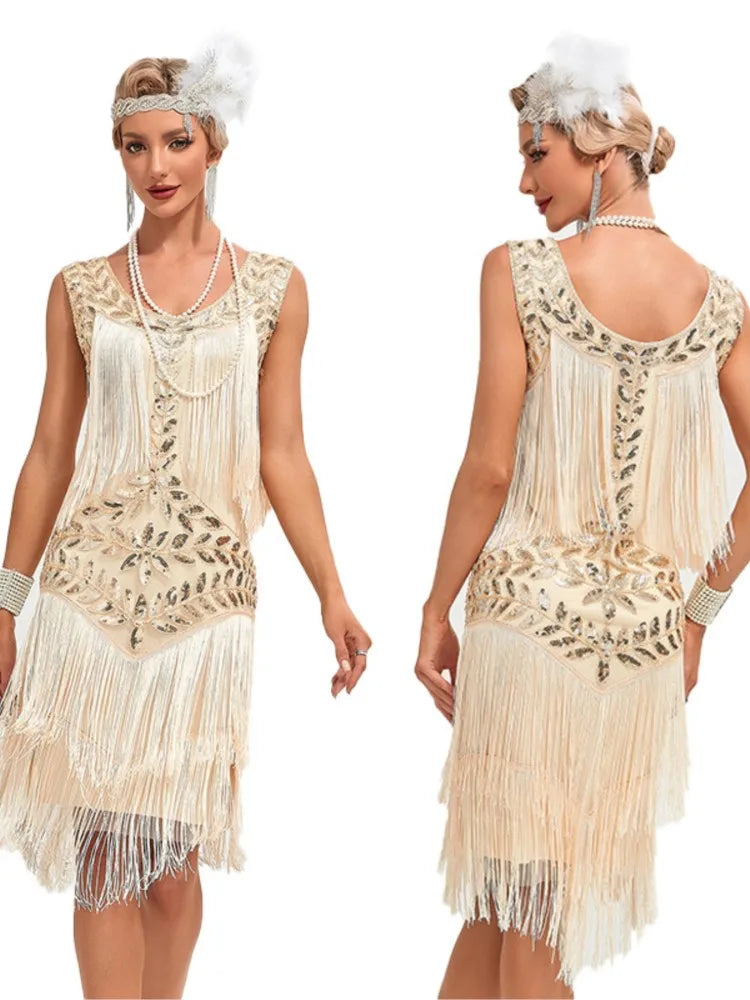 Sequined Beaded Embroidery O Neck Knee Length Dress for Women
