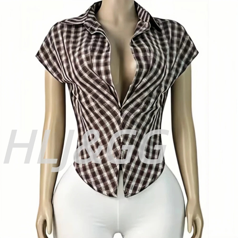 Plaid Print Deep V Neck Sleeveless Hollow Two Piece Set for Women